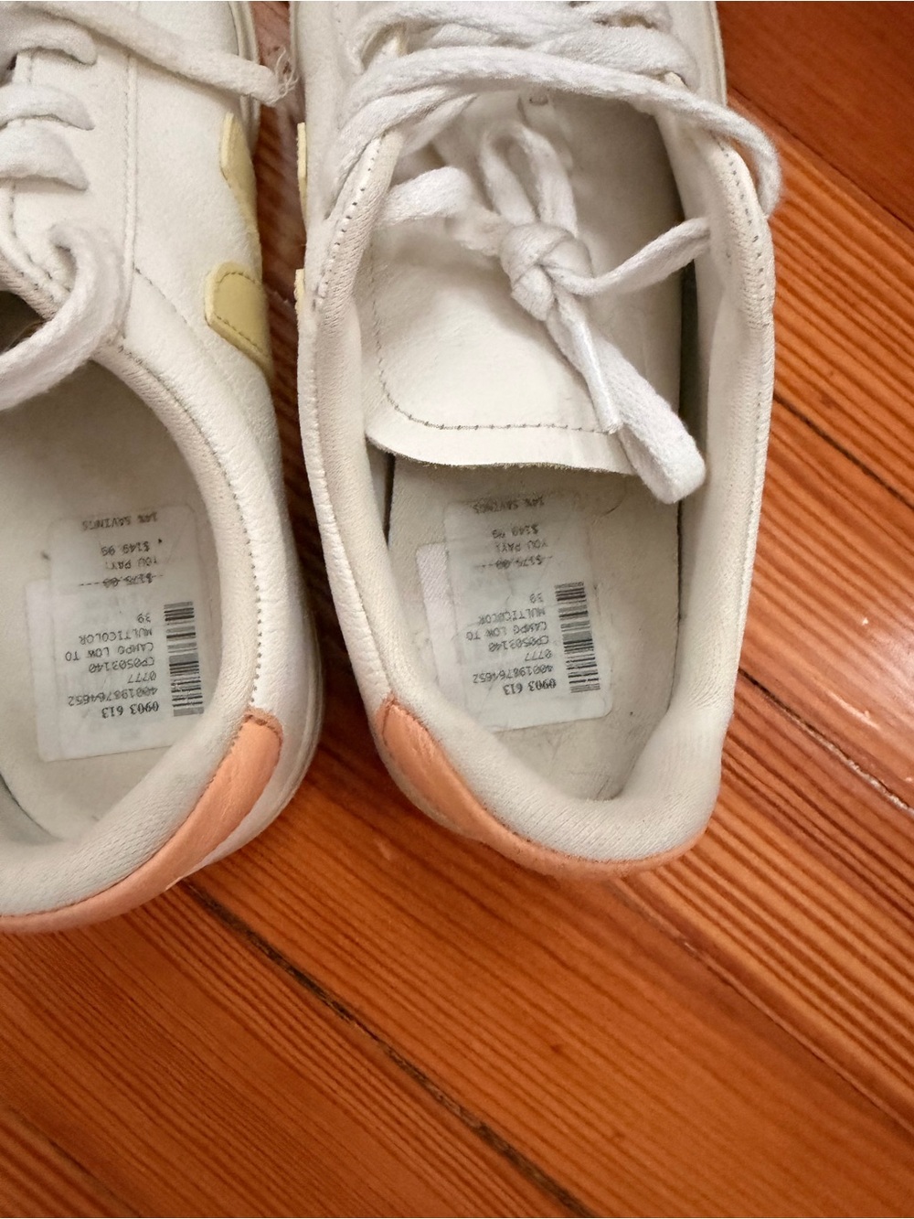 Veja Women’s White Sneakers with Pale Yellow V and Peach Heel - Picture 4 of 5